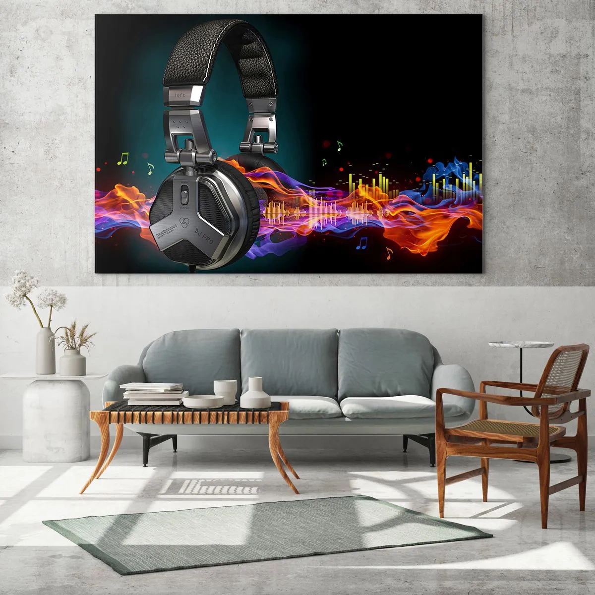 Üveg kép - DJ fejhallgató színes hanghullámokkal és hangjegyekkel - 70x50cm - A zene tüzében - Modern fali dekoráció nappalihoz és hálószobához ARTTOR