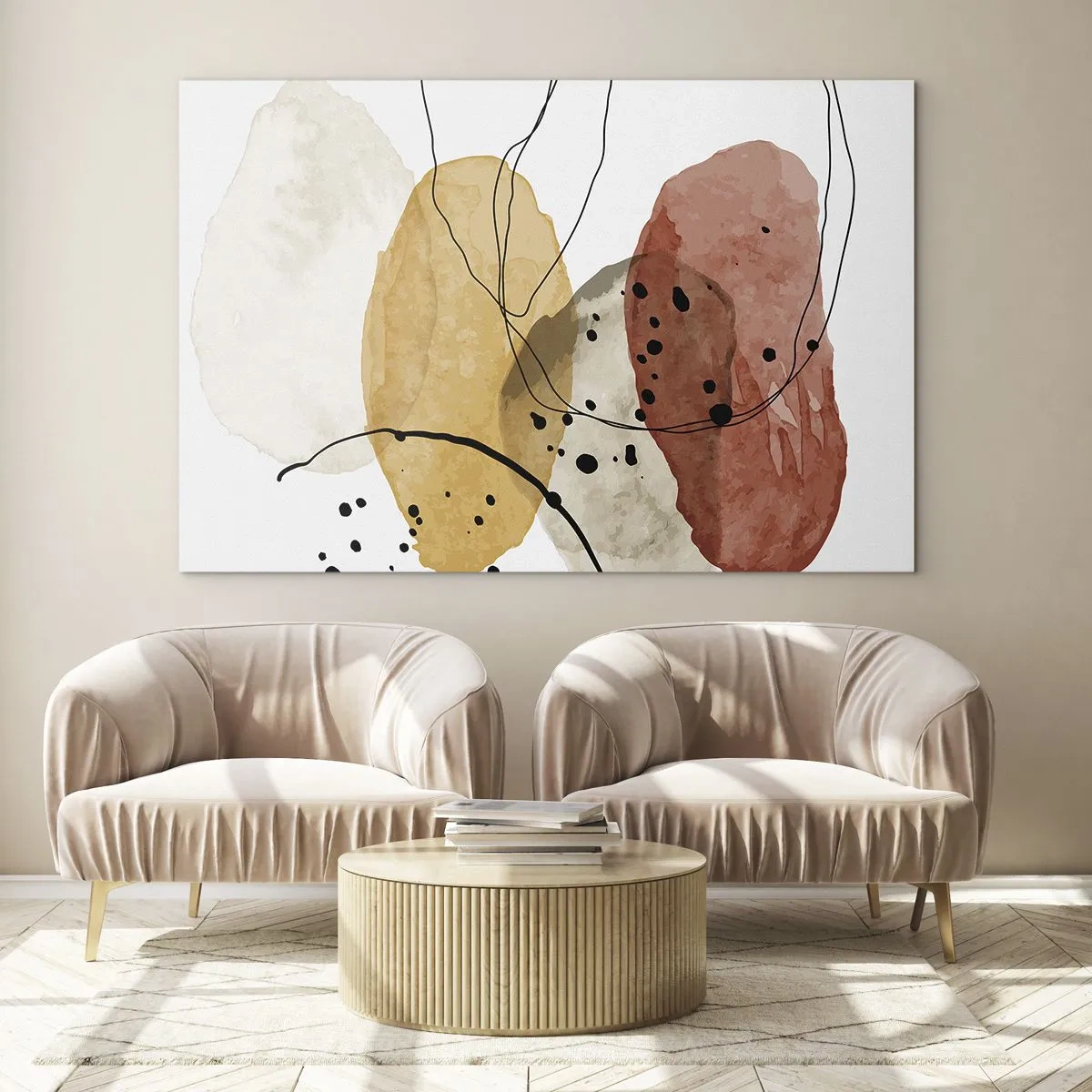 Üveg kép - Absztrakt földszínű foltok vékony vonalakkal - 70x50cm - Mint a könnyű, friss levegő - Modern fali dekoráció nappalihoz és hálószobához ARTTOR