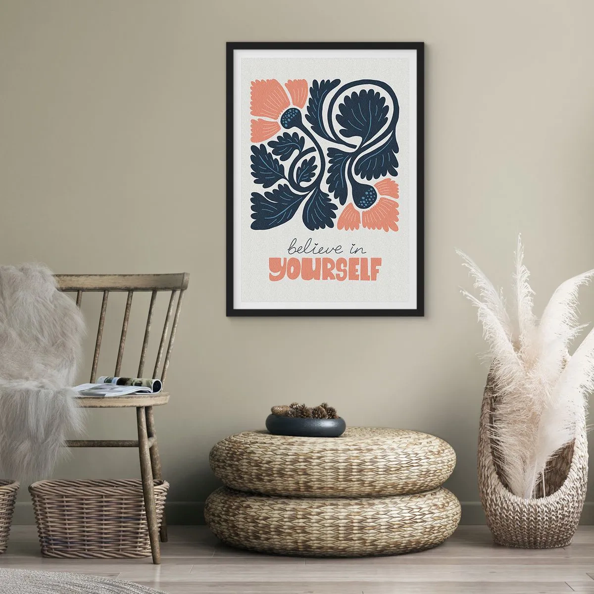 Poszter fehér keretben - Stilizált virágok sötétkék és rózsaszín színben, inspiráló felirattal - 50x70cm - Kivirágzol - Modern fali dekoráció nappalihoz és hálószobához ARTTOR
