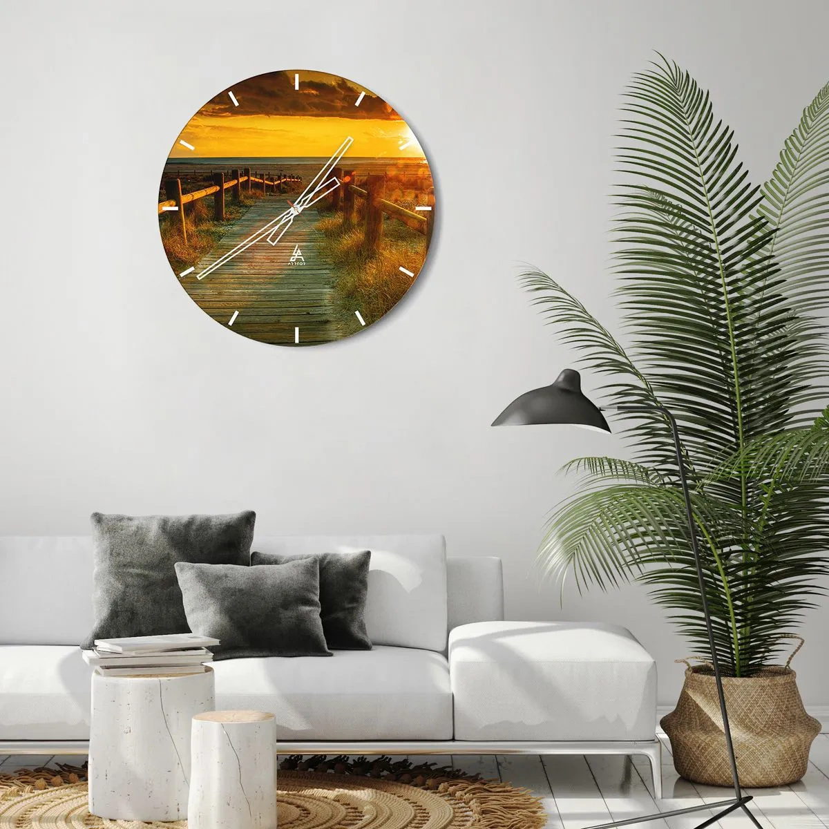 Falióra, Óra - Naplemente a fa ösvény felett - 30x30cm - Régi aranyban fürdetve - Modern fali dekoráció nappalihoz, konyhához és hálószobához ARTTOR