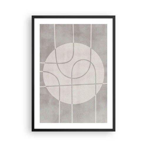 Poszter fehér keretben - Geometriai vonalak és egy kör szürke árnyalatokban - 50x70cm - Körkörös és egyenes - Modern fali dekoráció nappalihoz és hálószobához ARTTOR
