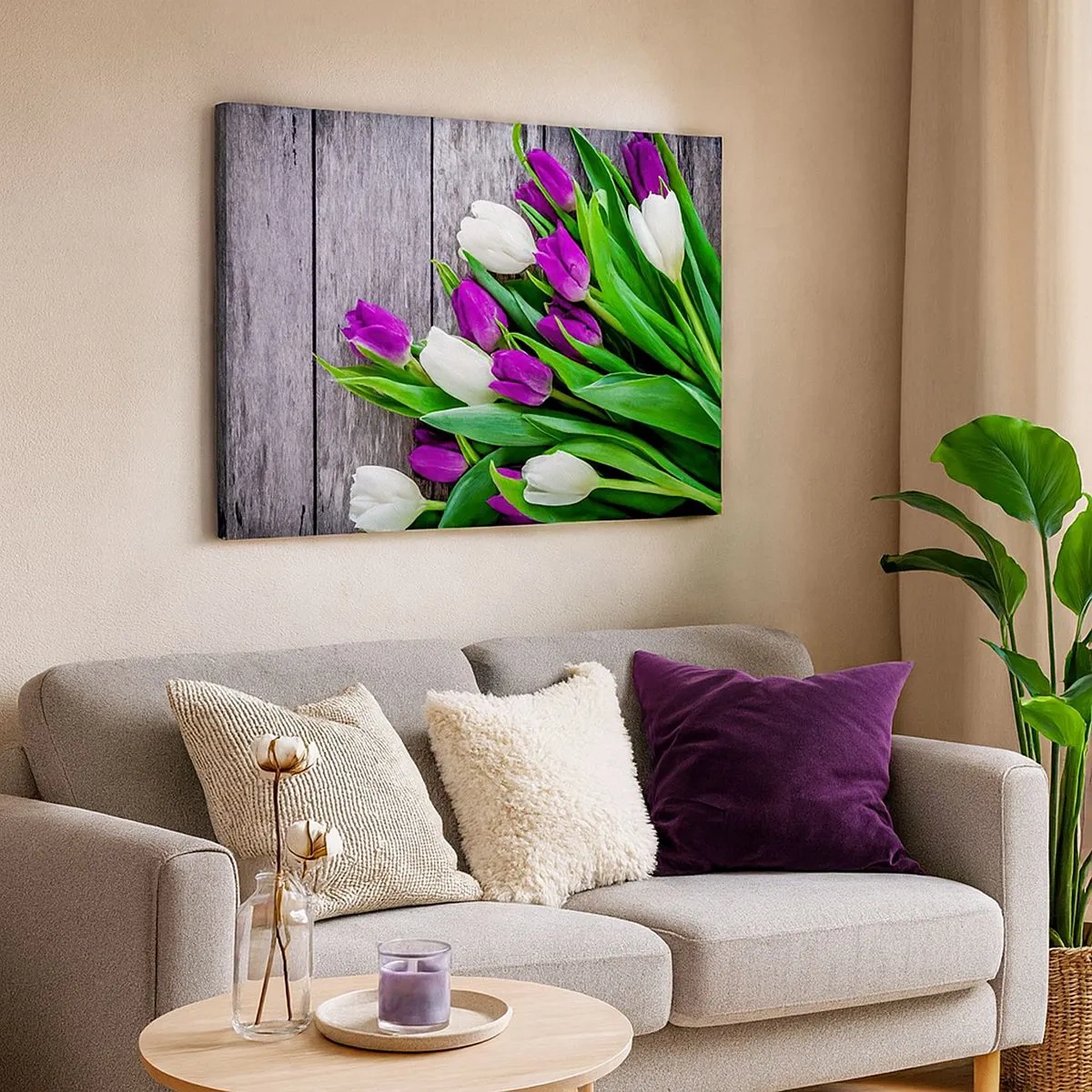 Vászonkép - Egy csokor lila és fehér tulipánok fából készült háttéren - 70x50cm - Egy tavaszi ünnep napján - Modern fali dekoráció nappalihoz és hálószobához ARTTOR
