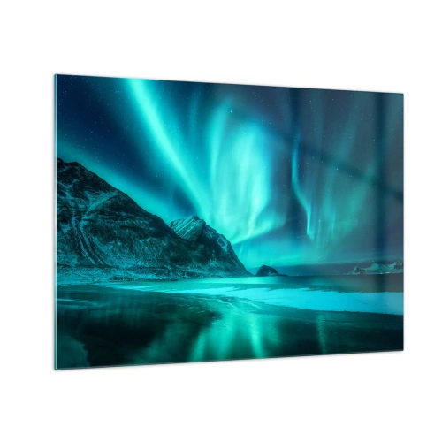 Üveg kép - Aurora Borealis hegyi táj és befagyott tenger felett - 70x50cm - Észak csodái - Modern fali dekoráció nappalihoz és hálószobához ARTTOR