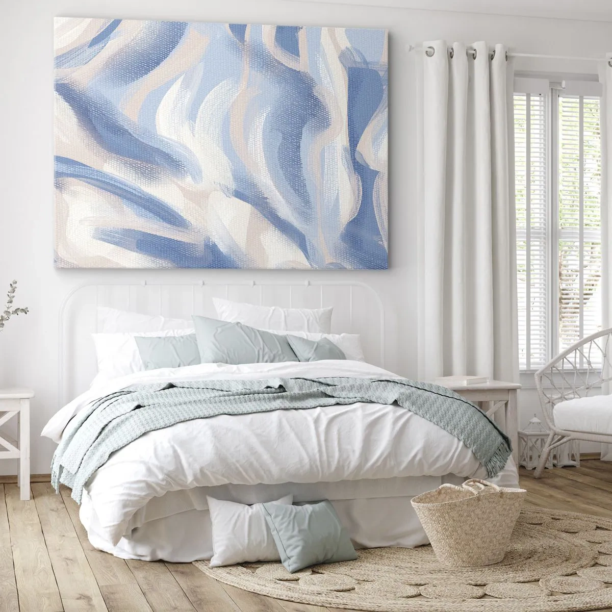 Vászonkép - Absztrakt ecsetvonások kék és bézs árnyalatokban - 70x50cm - Kék fodrok - Modern fali dekoráció nappalihoz és hálószobához ARTTOR