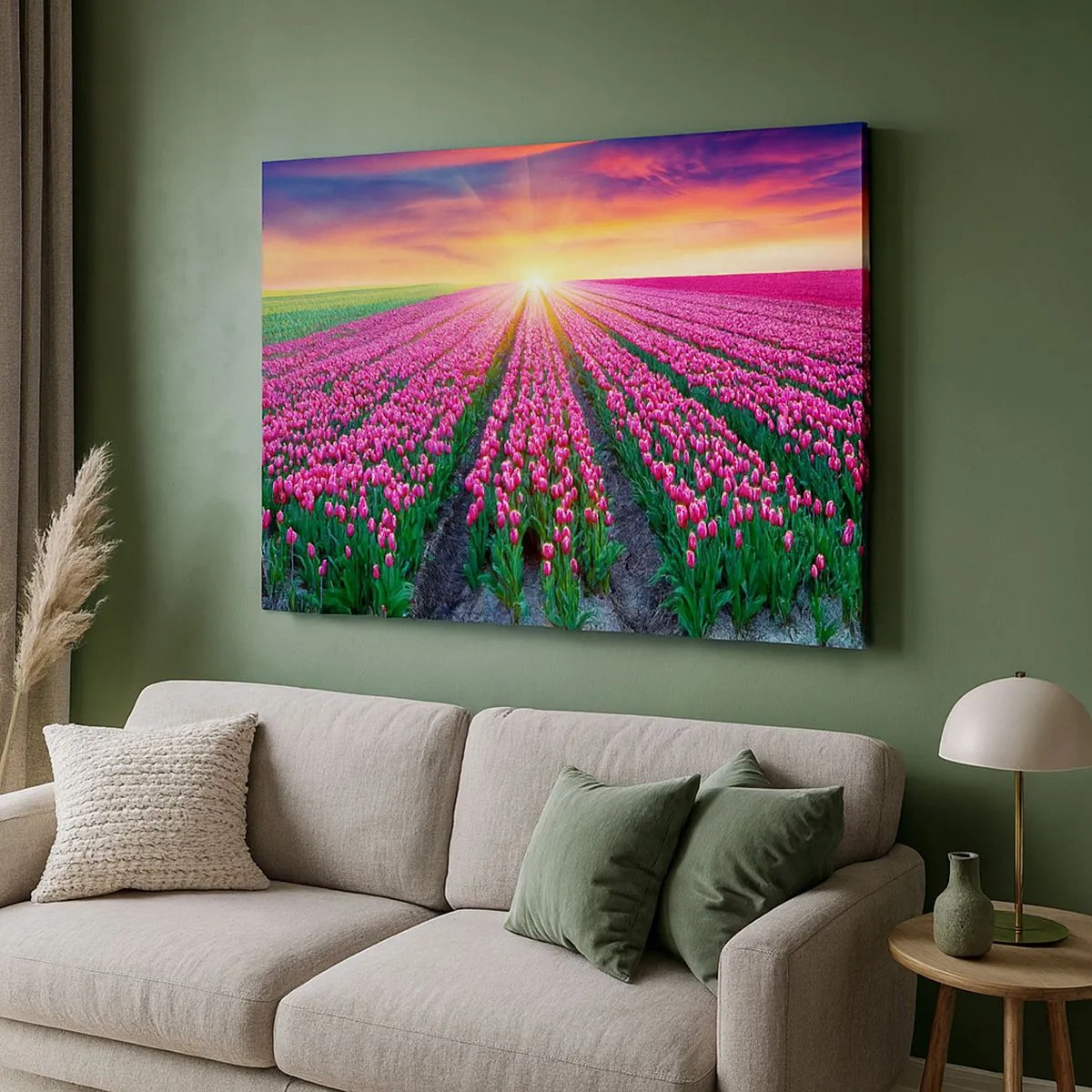 Vászonkép - Tulipánmező naplementekor - 70x50cm - Gyönyör farm - Modern fali dekoráció nappalihoz és hálószobához ARTTOR