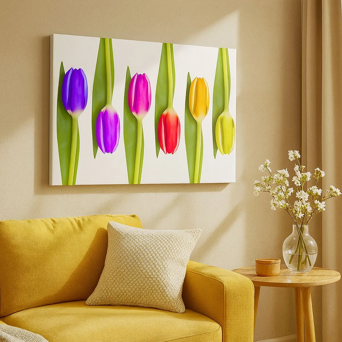 Vászonkép - Többszínű tulipánok elrendezve egy sorban fehér alapon - 70x50cm - Szivárvány kompozíció - Modern fali dekoráció nappalihoz és hálószobához ARTTOR