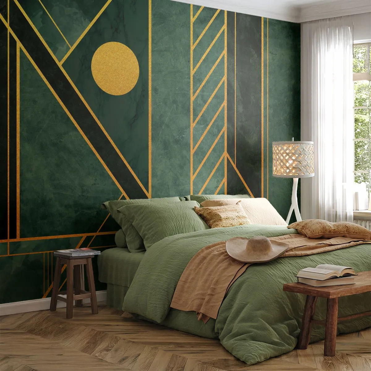Öntapadós Fotótapéta Deluxe Sticker - Az arany és azúrkék dinamikája - Absztrakció, Darab, Geometrikus minta - 250x175 cm