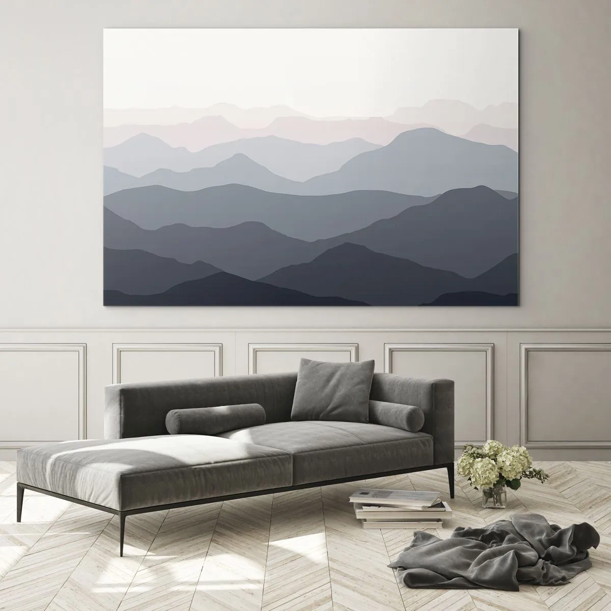 Üveg kép - Pasztell árnyalatú hegyek finom rétegei - 70x50cm - A hegyek hullámai - Modern fali dekoráció nappalihoz és hálószobához ARTTOR