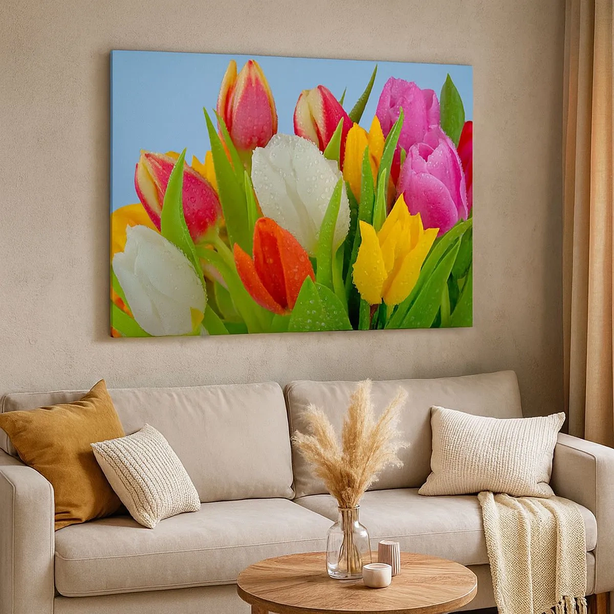 Vászonkép - Színes tulipánok, harmatcseppekkel borítva kék alapon - 70x50cm - Virágos szivárvány harmatcseppekben - Modern fali dekoráció nappalihoz és hálószobához ARTTOR