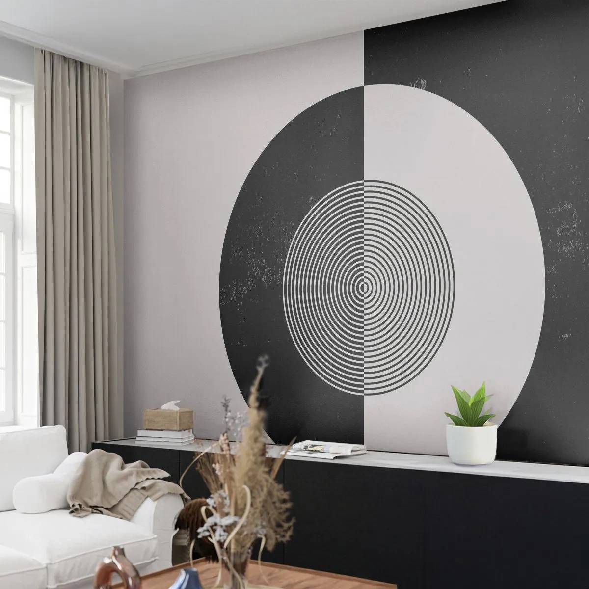Fotótapéta Standard Eco - Fekete-fehér geometrikus absztrakció körökkel - 100x70cm - Harmónia fekete-fehérben - Modern fali dekoráció nappalihoz és hálószobához ARTTOR