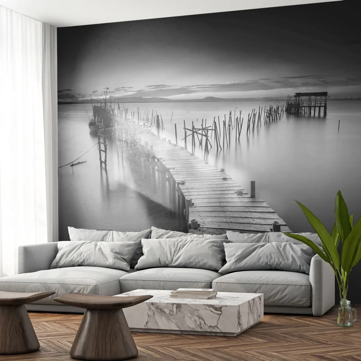 Fotótapéta Premium Sand - Egy elfeledett part békéje - Tájkép, Tó, Fa híd - 100x70 cm
