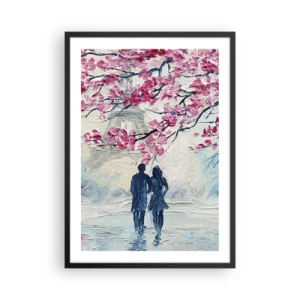 Poszter fehér keretben - Egy pár virágzó ágak alatt egy romantikus tájban - 50x70cm - Romantikus séta - Modern fali dekoráció nappalihoz és hálószobához ARTTOR