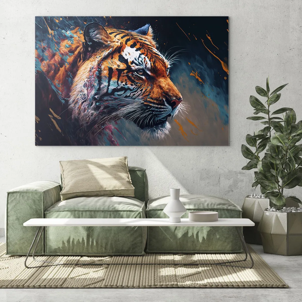 Üveg kép - Tigris portréja művészi színrobbanásban - 70x50cm - Vad szépség - Modern fali dekoráció nappalihoz és hálószobához ARTTOR