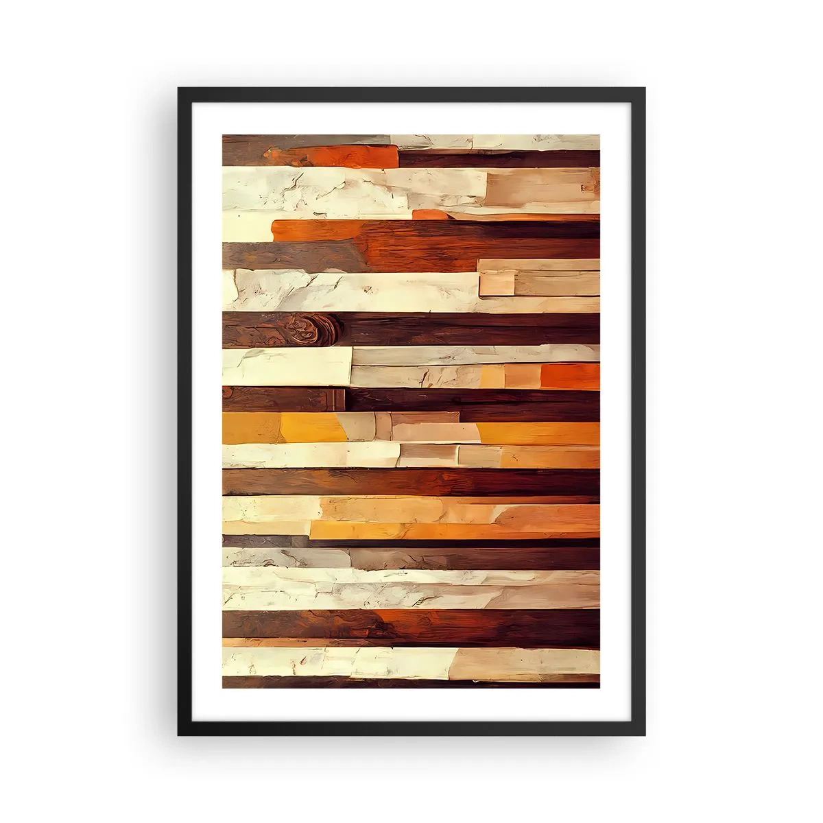 Poszter fehér keretben - Meleg színű fa panelek absztrakt kompozíciója. - 50x70cm - Az erdei fák himnusza - Modern fali dekoráció nappalihoz és hálószobához ARTTOR