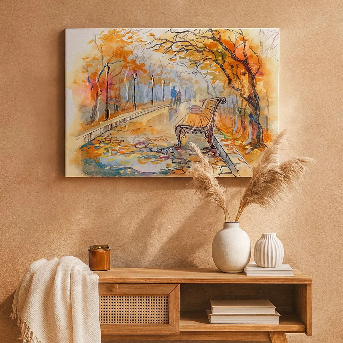Vászonkép - Őszi park paddal akvarellben - 70x50cm - Kiránduljunk együtt az őszbe - Modern fali dekoráció nappalihoz és hálószobához ARTTOR