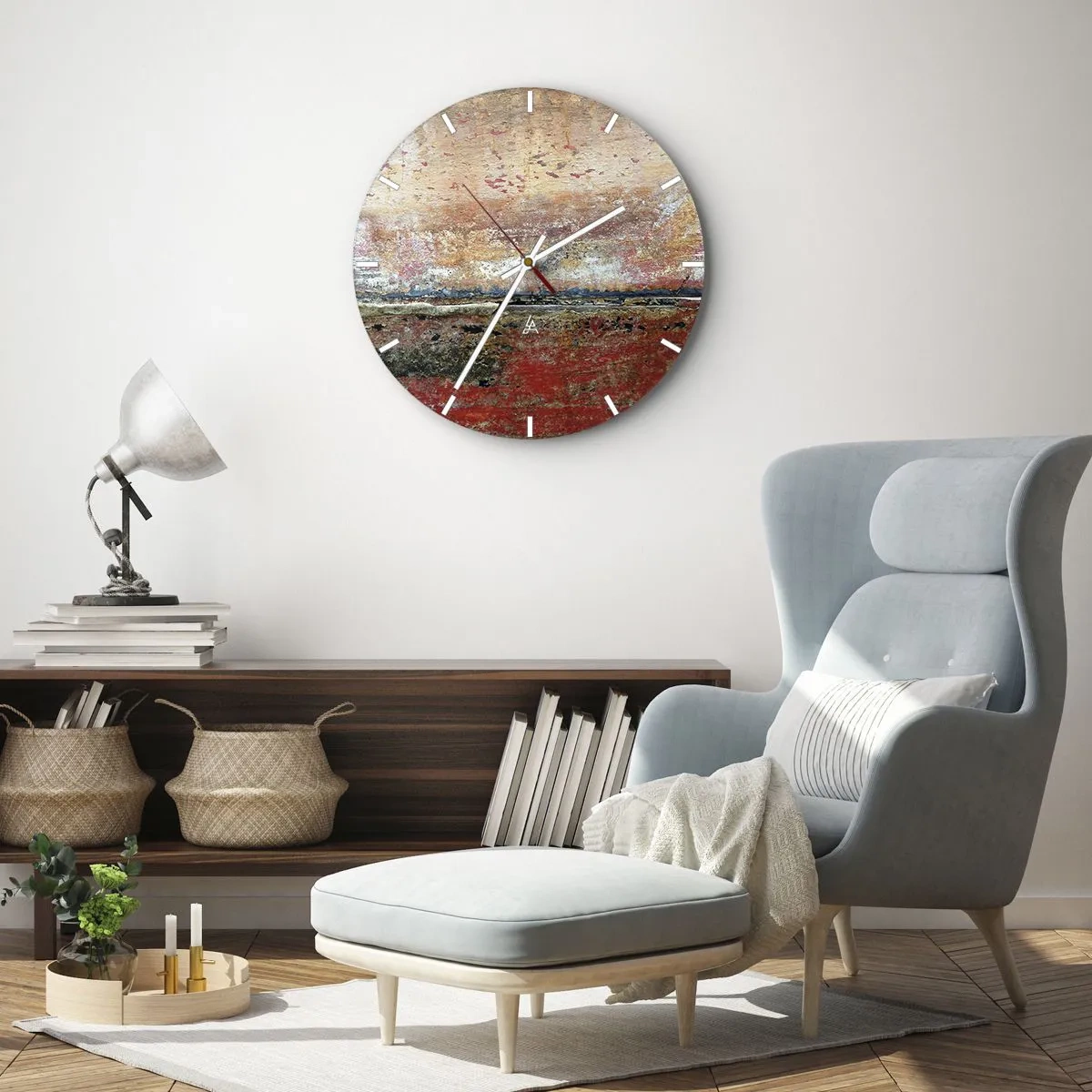 Falióra, Óra - Egy absztrakt tájkép textúrával és meleg földszínekkel. - 30x30cm - Talán a tenger - Modern fali dekoráció nappalihoz, konyhához és hálószobához ARTTOR