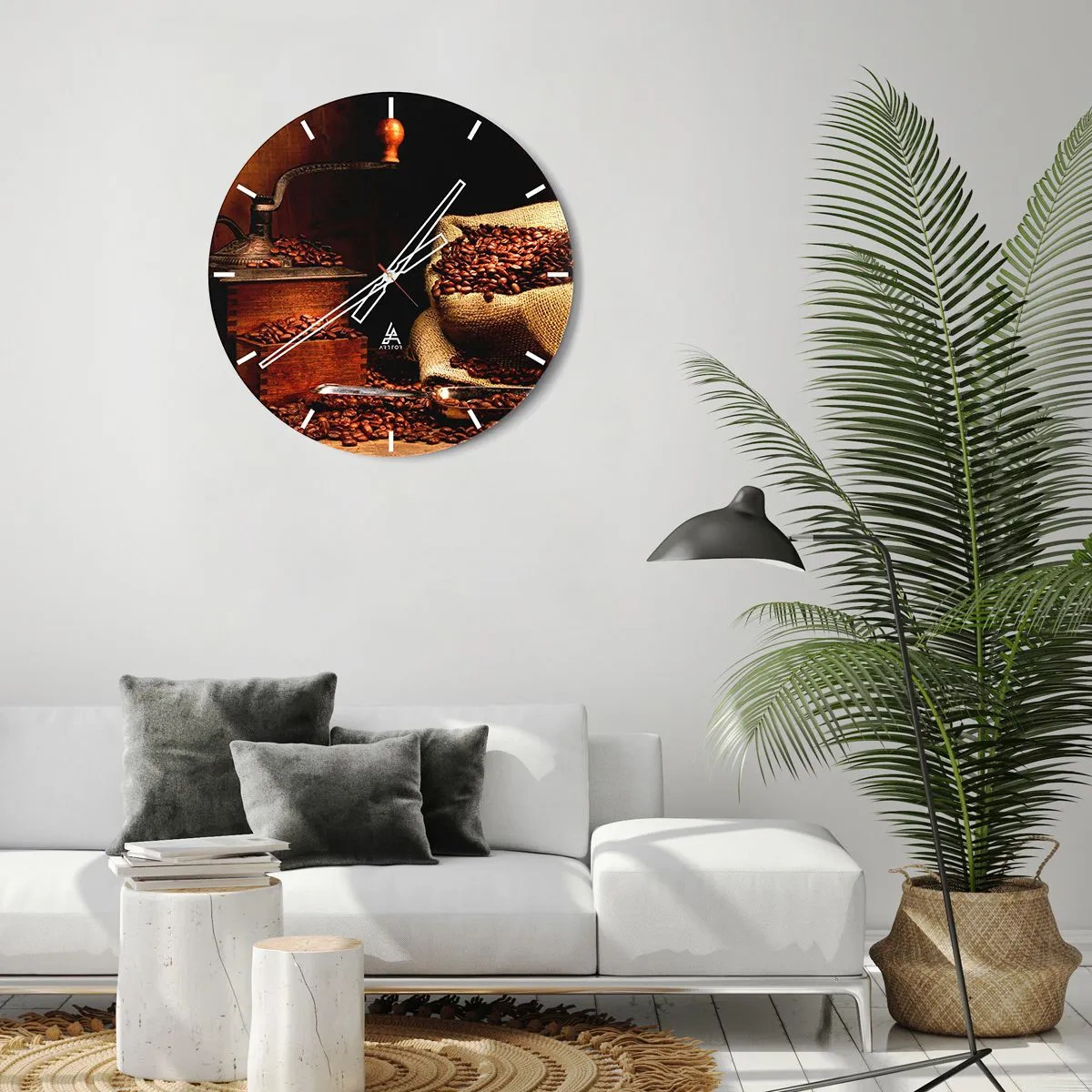 Falióra, Óra - Kávébabok és rusztikus stílusú daráló - 30x30cm - Csendélet szemes kávéval és darálóval - Modern fali dekoráció nappalihoz, konyhához és hálószobához ARTTOR