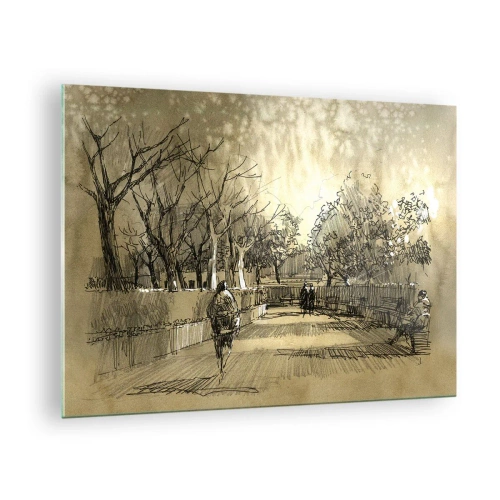 Üveg kép - Egy park rajza ösvényekkel és sétáló emberekkel - 70x50cm - Egy tollal megállított pillanat - Modern fali dekoráció nappalihoz és hálószobához ARTTOR