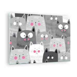 Üveg kép - Vicces macskák szürke színekben fehér alapon - 70x50cm - A macska világa - Modern fali dekoráció nappalihoz és hálószobához ARTTOR