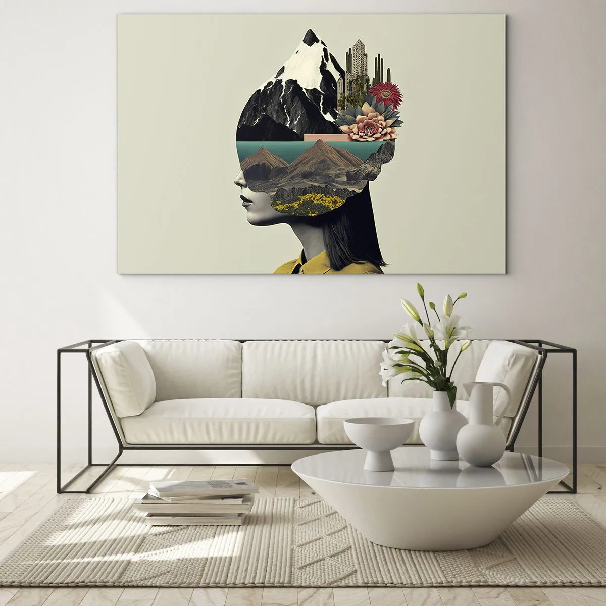 Üveg kép - Egy nő sziluettje, fejében hegyi tájjal és növényekkel - 70x50cm - Nő - mindig rejtély - Modern fali dekoráció nappalihoz és hálószobához ARTTOR