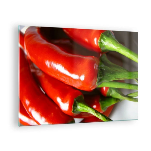 Üveg kép - Piros chili paprika zöld szárral - 70x50cm - Lédús, fényes, sima - Modern fali dekoráció nappalihoz és hálószobához ARTTOR