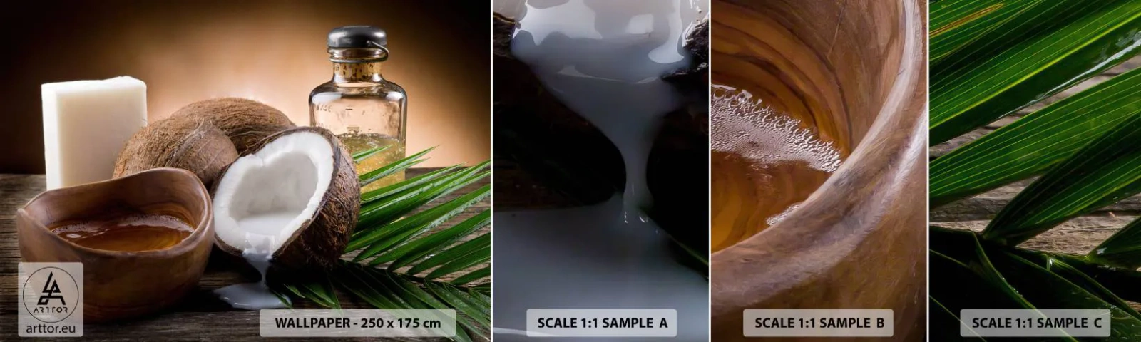 Fotótapéta Minta Standard Eco - Egészség a trópusi szigetekről - Kókuszdió, Gyógyfürdő, Kókuszolaj - 100x30 cm