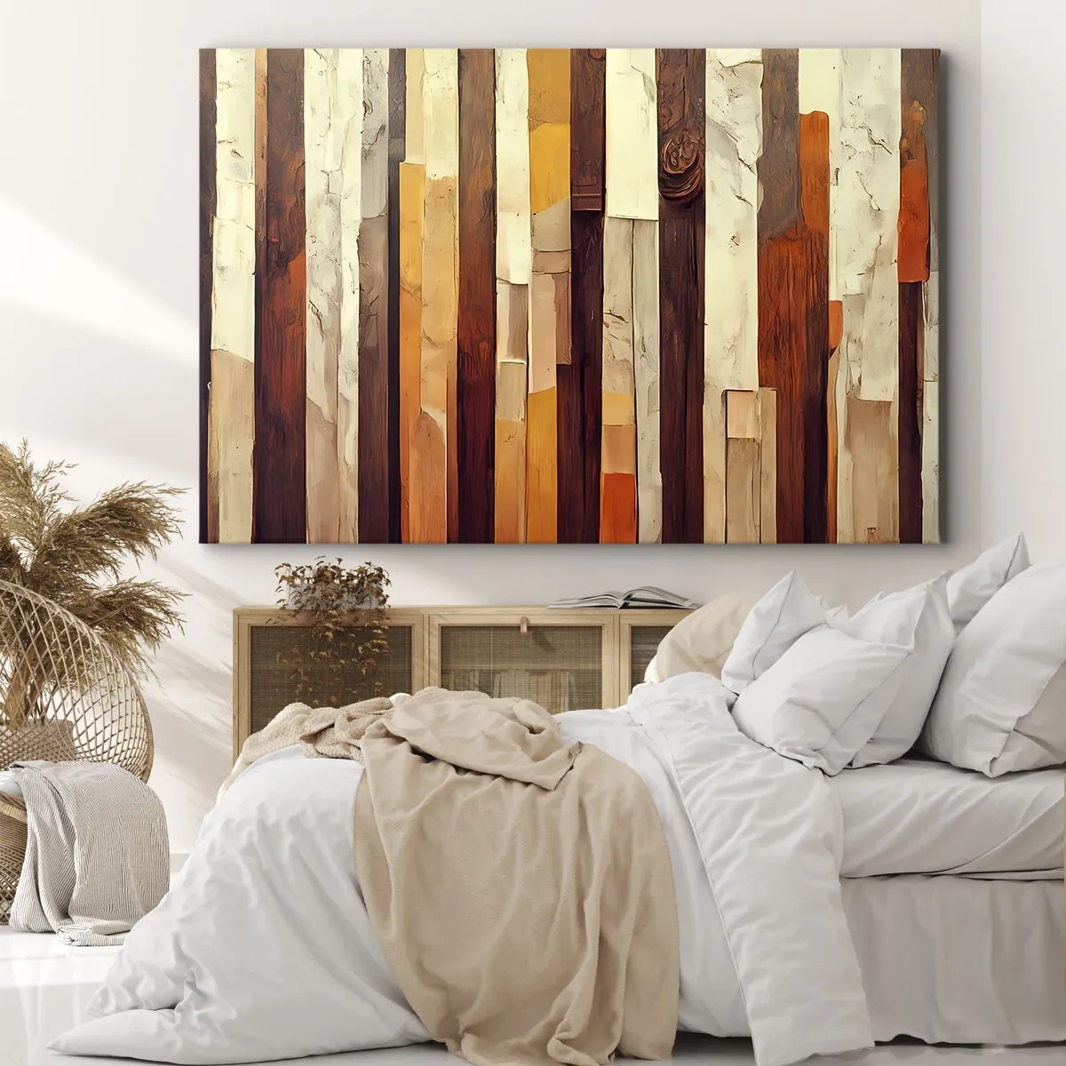 Vászonkép - Geometriai kompozíció fa és arany árnyalatokban - 70x50cm - Az erdei fák himnusza - Modern fali dekoráció nappalihoz és hálószobához ARTTOR