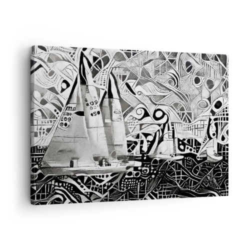 Vászonkép - Absztrakt vitorlások monokróm kompozícióban - 70x50cm - A hullámok között - Modern fali dekoráció nappalihoz és hálószobához ARTTOR