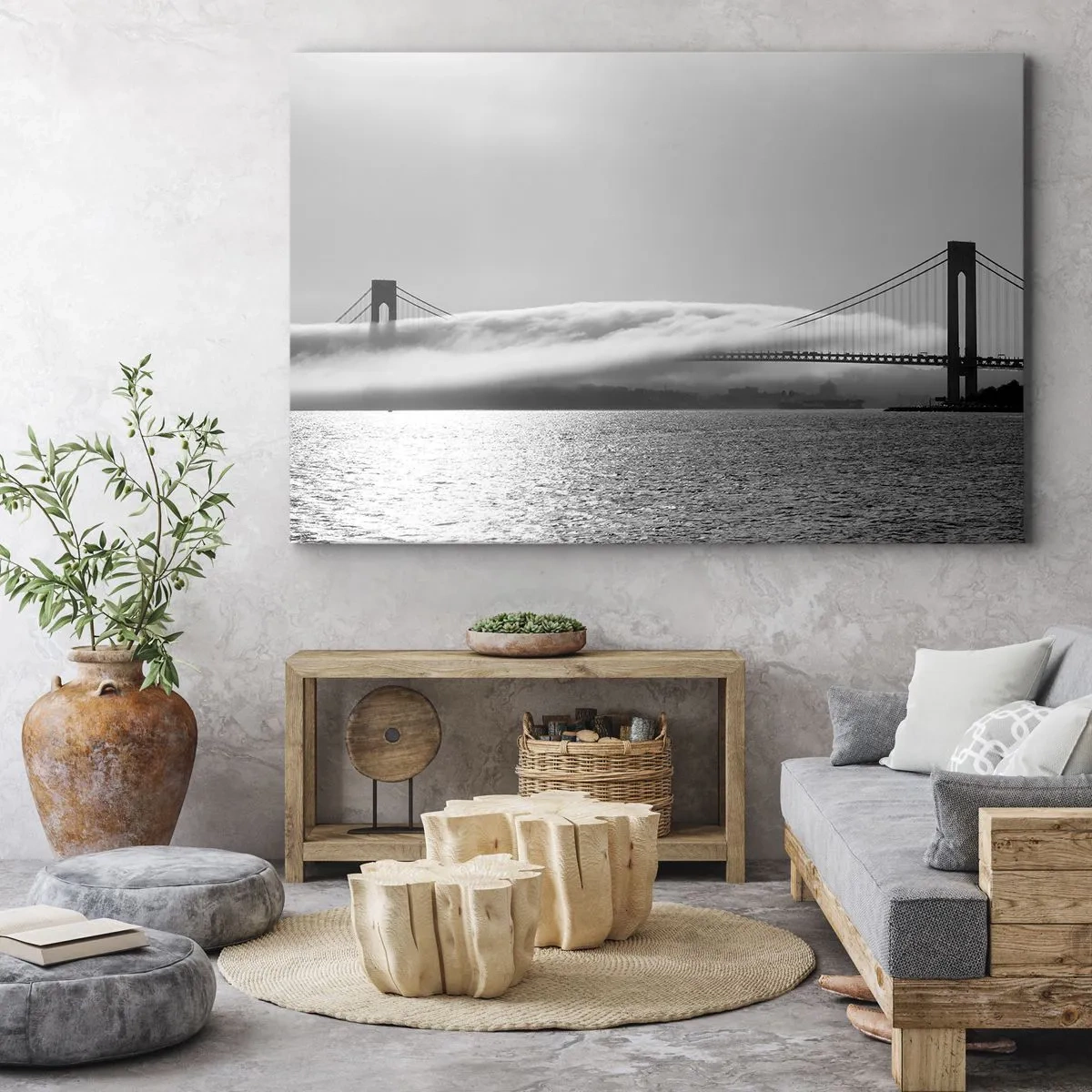 Vászonkép - Egy híd a víz felett, ködbe burkolózik egy fekete-fehér felvételen - 70x50cm - Áthajózni az Arany Kapun - Modern fali dekoráció nappalihoz és hálószobához ARTTOR