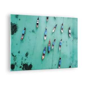 Üveg kép - Hajók türkizkék vízen, felülről nézve - 70x50cm - Örömteli várakozásban - Modern fali dekoráció nappalihoz és hálószobához ARTTOR
