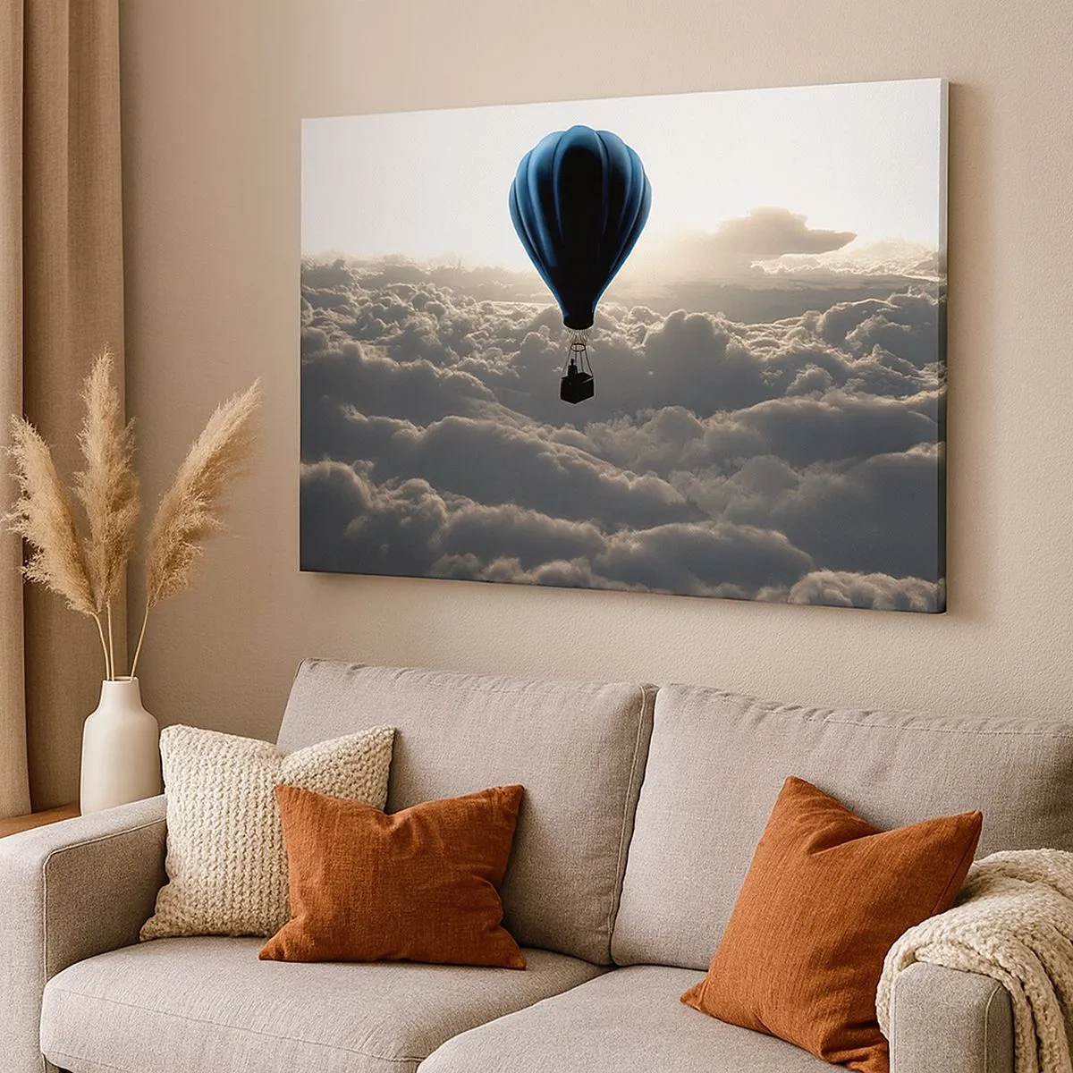 Vászonkép - Egy hőlégballon a felhős ég ellen naplementekor - 70x50cm - Egy vándor a felhők felett - Modern fali dekoráció nappalihoz és hálószobához ARTTOR