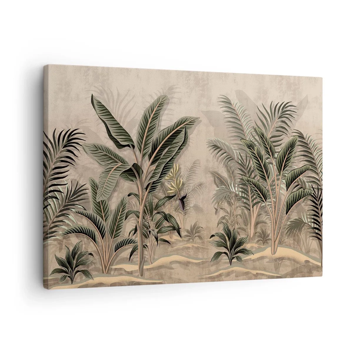 Vászonkép - Pálmafák és trópusi növényzet zöld árnyalatokban bézs alapon - 70x50cm - Gyarmati stílusú metszet - Modern fali dekoráció nappalihoz és hálószobához ARTTOR