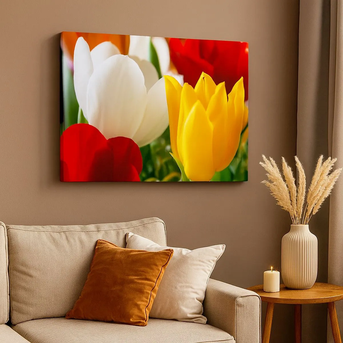 Vászonkép - Színes tulipánok közeli képe tavaszi háttér előtt - 70x50cm - Tulipán láz - Modern fali dekoráció nappalihoz és hálószobához ARTTOR