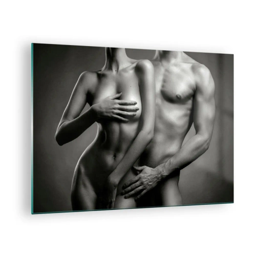 Üveg kép - Fekete-fehér kompozíció meztelen pár sziluettekkel - 70x50cm - Ádám és Éva - Modern fali dekoráció nappalihoz és hálószobához ARTTOR