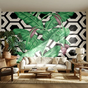 Fotótapéta Standard Eco - Egzotikus banánlevelek geometrikus alapon - 100x70cm - Természeténél fogva szimmetrikus kompozíció - Modern fali dekoráció nappalihoz és hálószobához ARTTOR