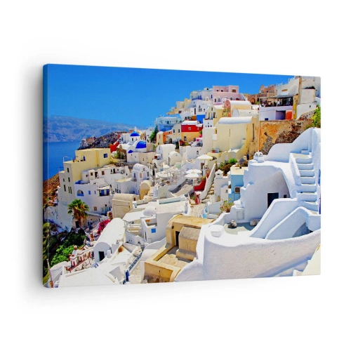 Vászonkép - Santorini panorámája fehér házakkal és kék éggel - 70x50cm - Álom a görög nyárról - Modern fali dekoráció nappalihoz és hálószobához ARTTOR