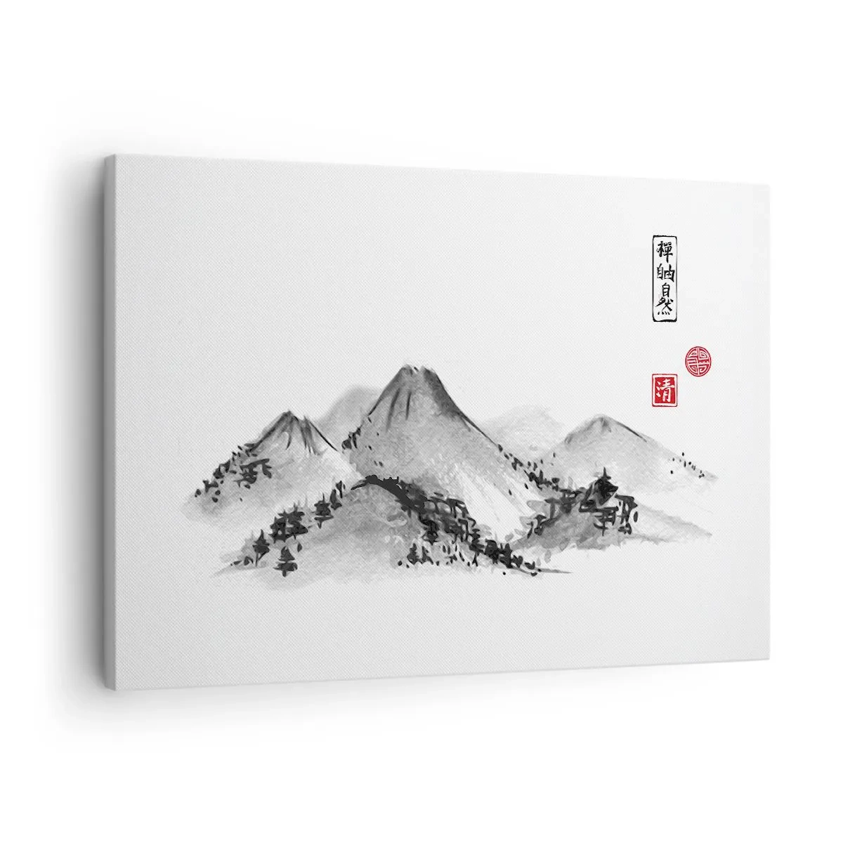 Vászonkép - Hagyományos hegyi táj japán tusfestmény stílusban - 70x50cm - Messze a távoltól - Modern fali dekoráció nappalihoz és hálószobához ARTTOR
