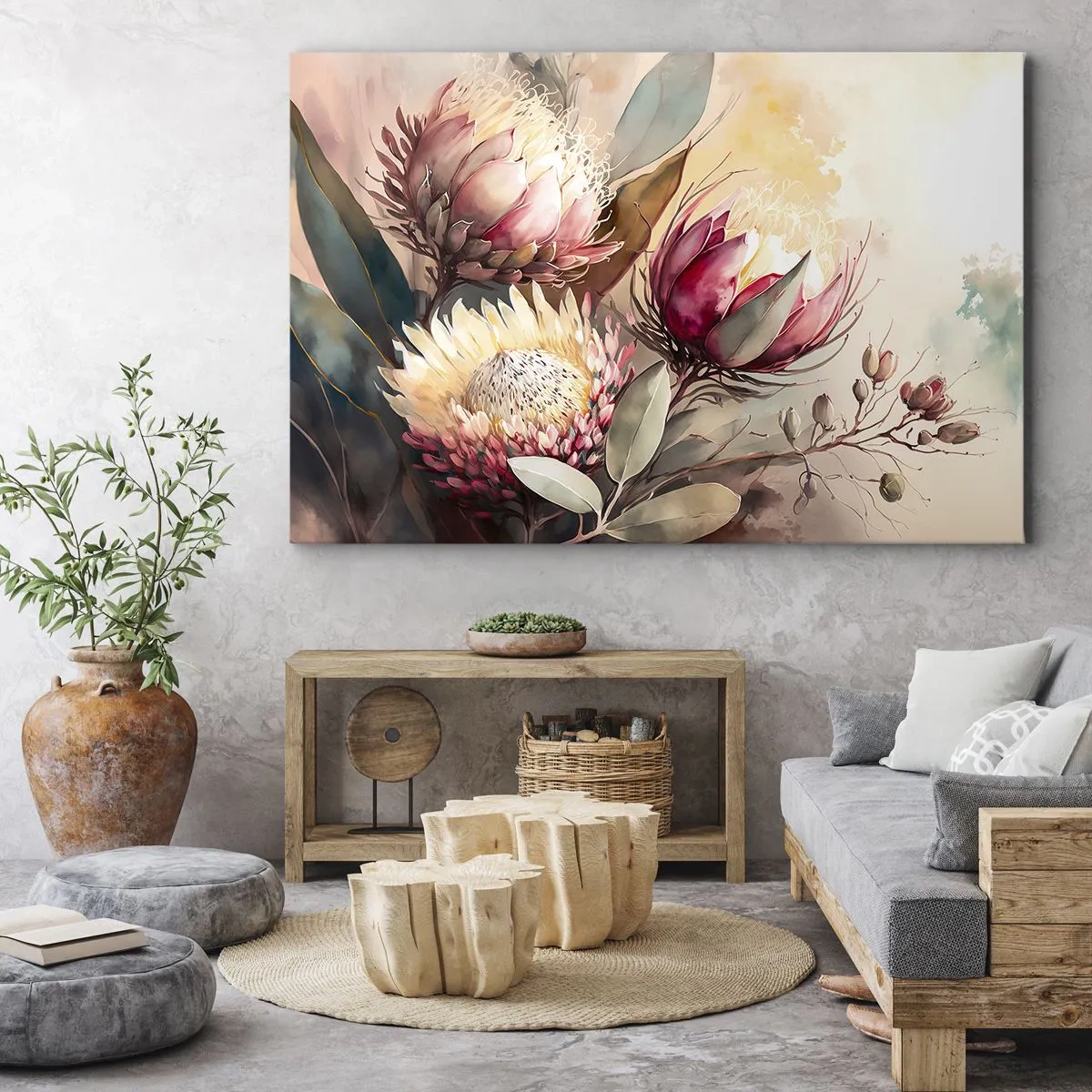 Vászonkép - Protea virágok finom pasztell árnyalatokban - 70x50cm - Profilból és en face - Modern fali dekoráció nappalihoz és hálószobához ARTTOR