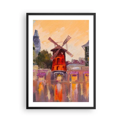 Poszter fehér keretben - A híres szélmalom festői értelmezése a város hátterében - 50x70cm - Párizsi ikonok - Moulin Rouge - Modern fali dekoráció nappalihoz és hálószobához ARTTOR