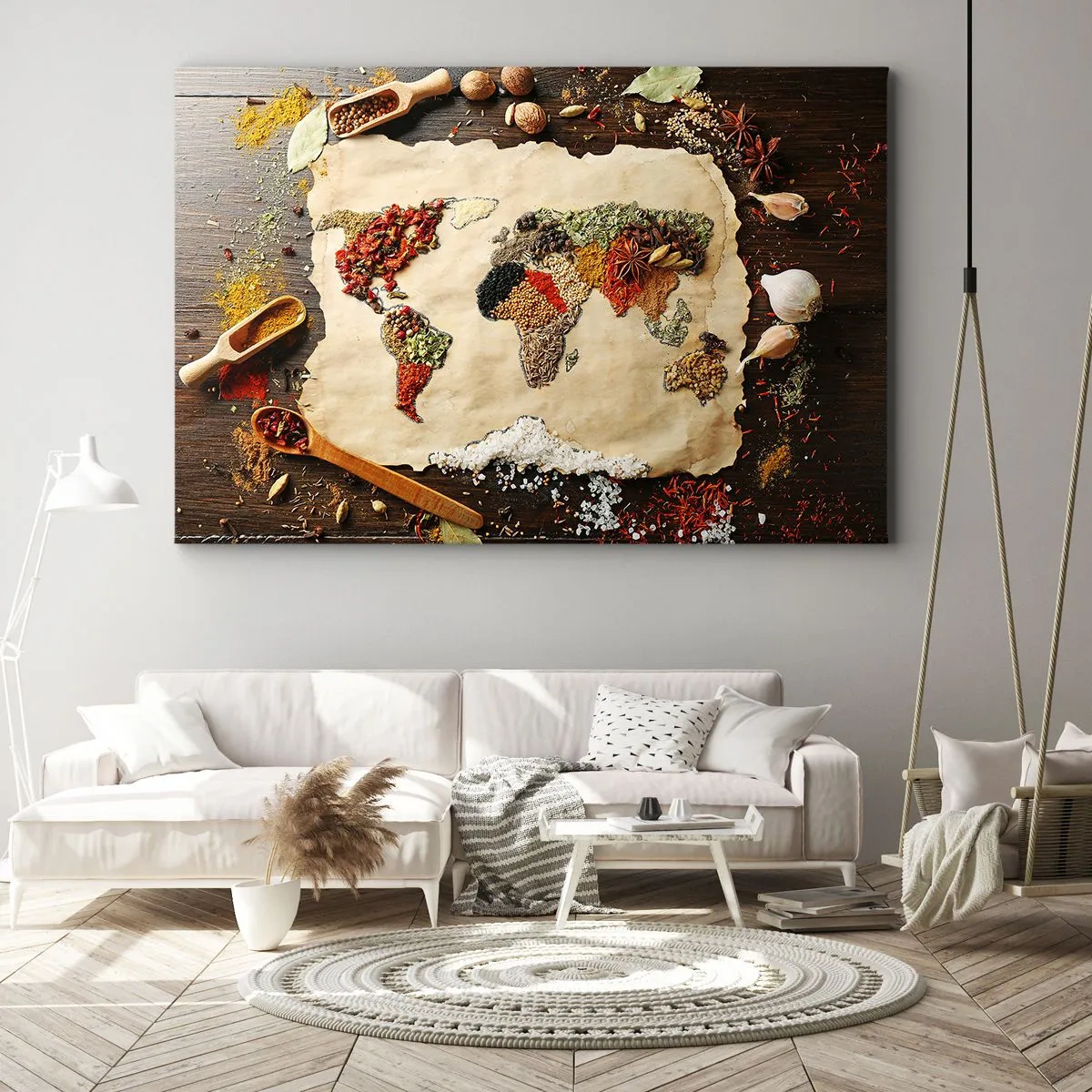 Vászonkép - Fűszerekből készült világtérkép fa háttérrel. - 70x50cm - A világ összes íze - Modern fali dekoráció nappalihoz és hálószobához ARTTOR