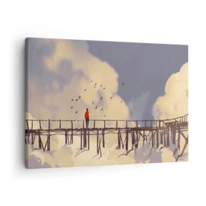 Vászonkép - Egy alak egy hídon a felhők között, madarakkal az égen - 70x50cm - Kék vágy - Modern fali dekoráció nappalihoz és hálószobához ARTTOR