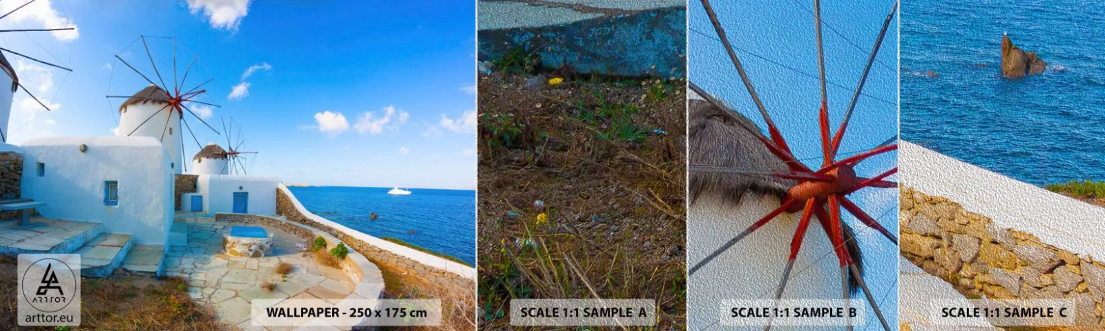 Fotótapéta Minta Premium Sand - Kék szél a tenger felől - Építészet, Tájkép, Görögország - 100x30 cm