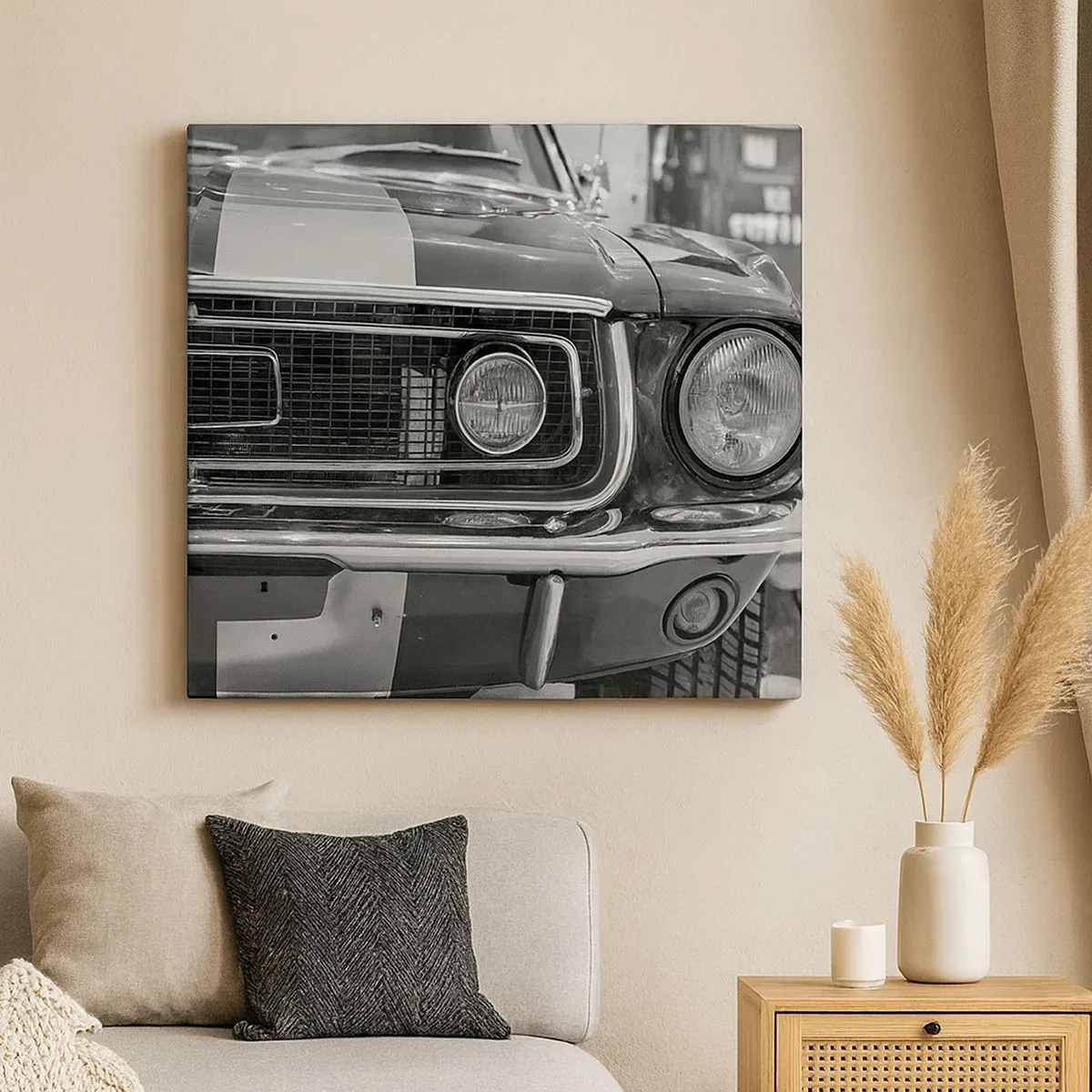 Vászonkép - Fekete-fehér klasszikus autó motorháztető - 70x50cm - Vad utazás - Modern fali dekoráció nappalihoz és hálószobához ARTTOR