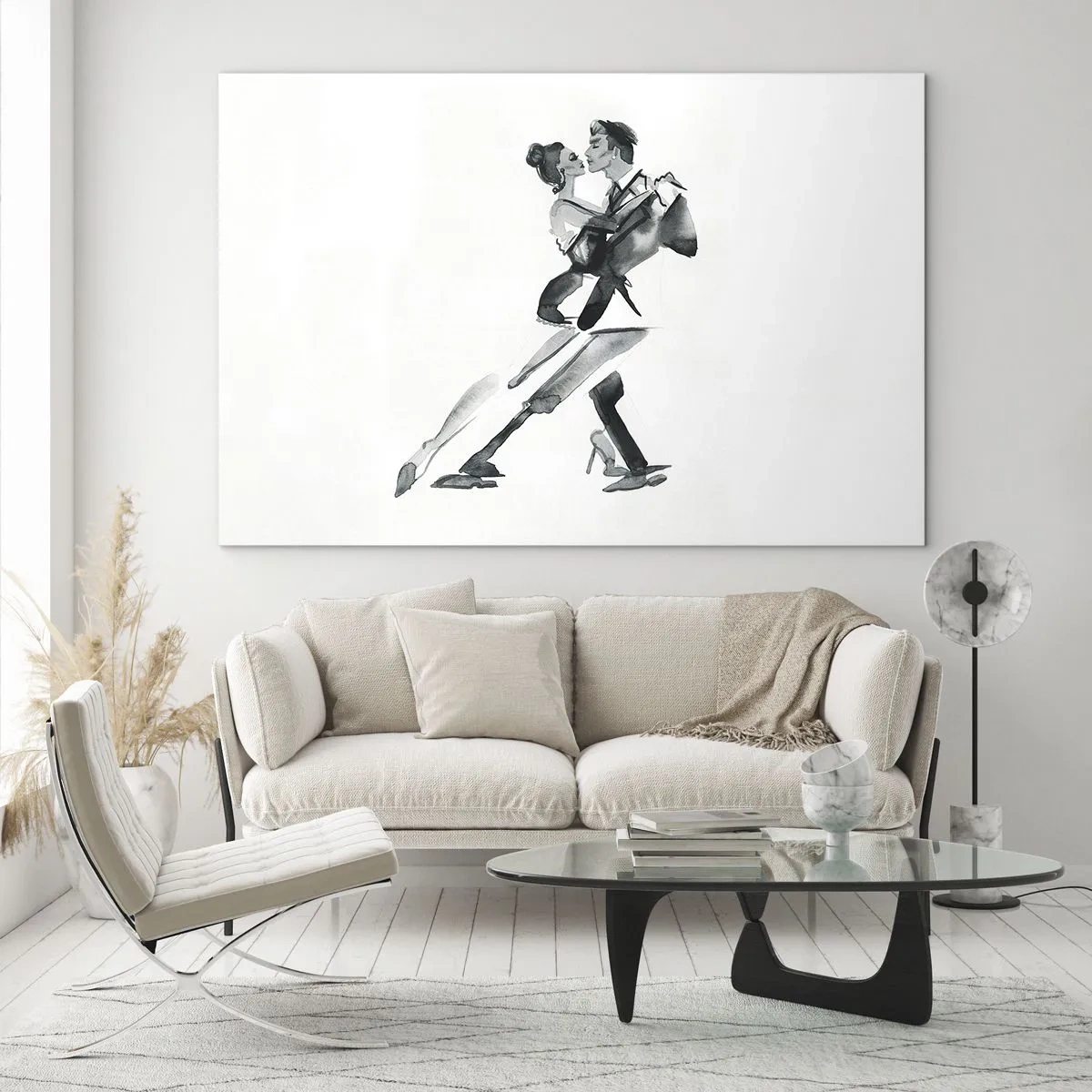 Üveg kép - Egy pár tangót táncol fekete-fehér akvarellben - 70x50cm - Egy ütemben - Modern fali dekoráció nappalihoz és hálószobához ARTTOR