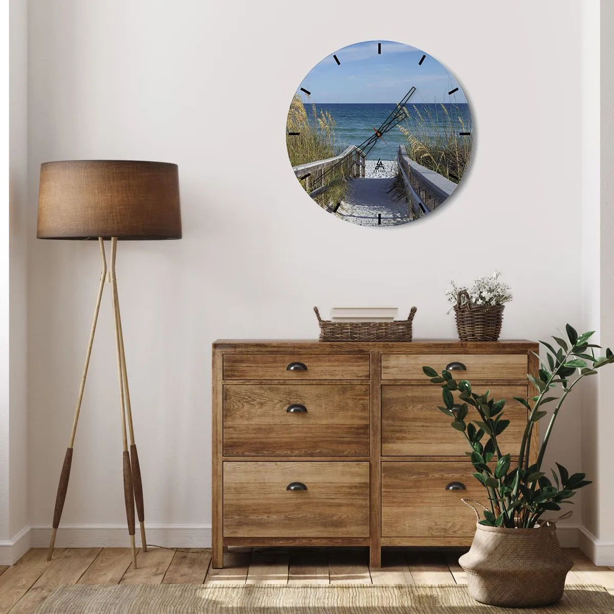 Falióra, Óra - Bejárat a strandra tengerre néző kilátással - 30x30cm - Napsütésben, szélben - Modern fali dekoráció nappalihoz, konyhához és hálószobához ARTTOR