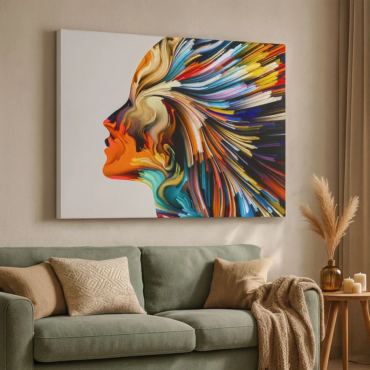 Vászonkép - Absztrakt arcprofil színes dinamikus vonalakkal. - 70x50cm - A képzelet robbanása - Modern fali dekoráció nappalihoz és hálószobához ARTTOR