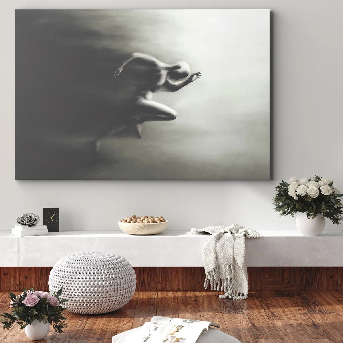 Vászonkép - Egy futó alak fekete-fehér sziluettje dinamikus és szürreális stílusban. - 70x50cm - Megállíthatatlan - Modern fali dekoráció nappalihoz és hálószobához ARTTOR
