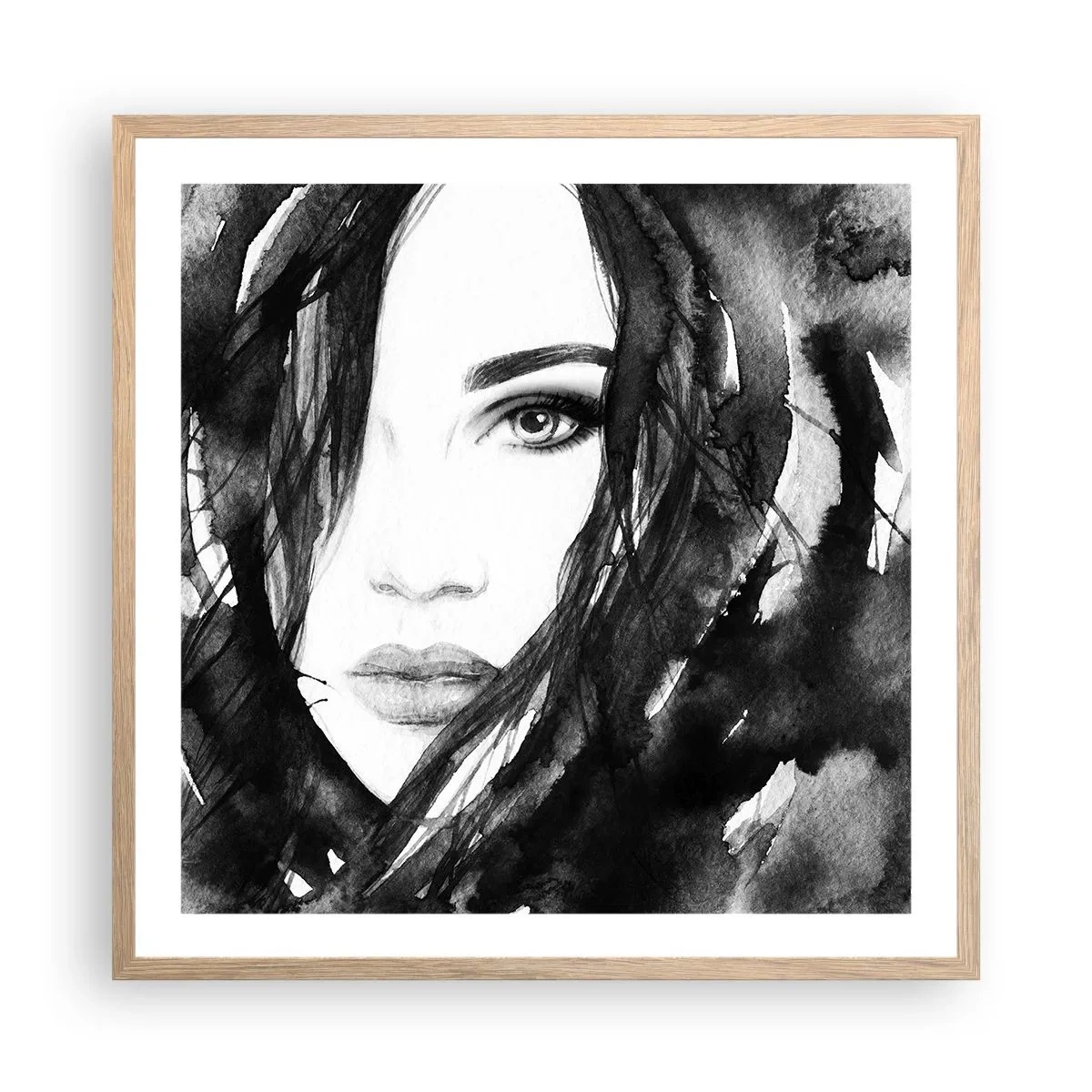 Poszter világos tölgy keretben - Fekete-fehér hölgy portréja - 60x60 cm