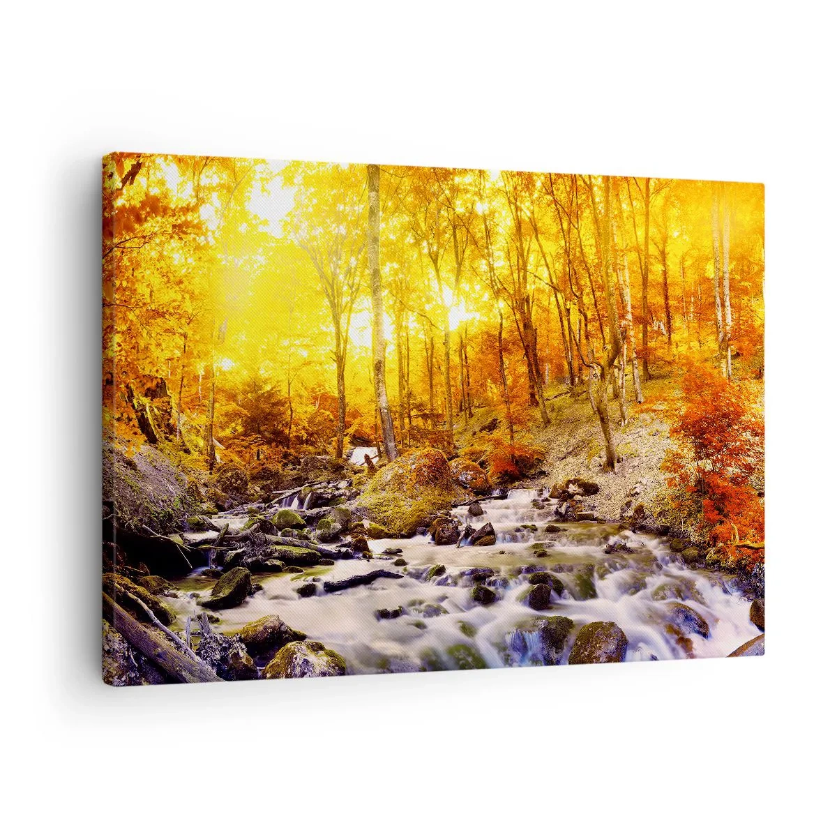 Vászonkép - Őszi erdő egy patakkal az aranyló levelek között - 70x50cm - Kövek aranyba és platinába - Modern fali dekoráció nappalihoz és hálószobához ARTTOR