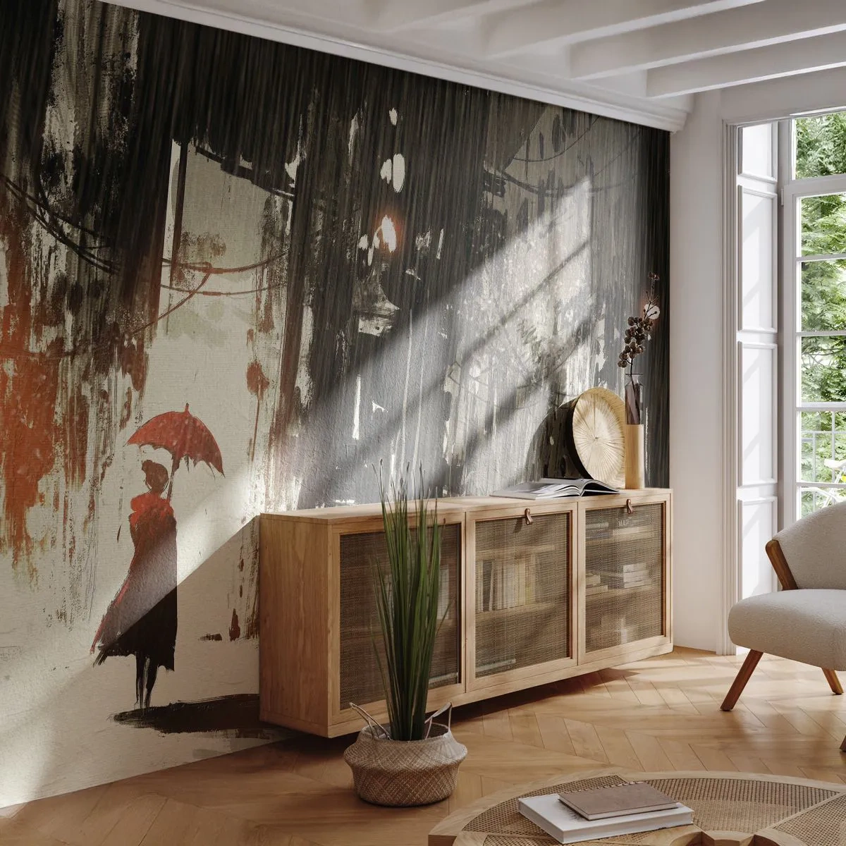 Öntapadós Fotótapéta Deluxe Sticker - A vörös esernyő költészete - Város, Nő, Építészet - 400x280 cm